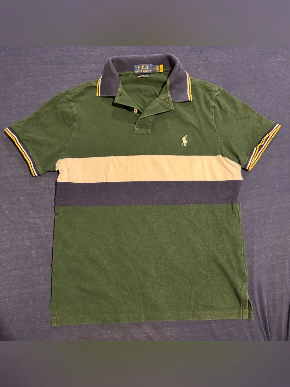 M Ralph Lauren Green, Navy & White Striped Polo Shirt with Outer Yellow Accents